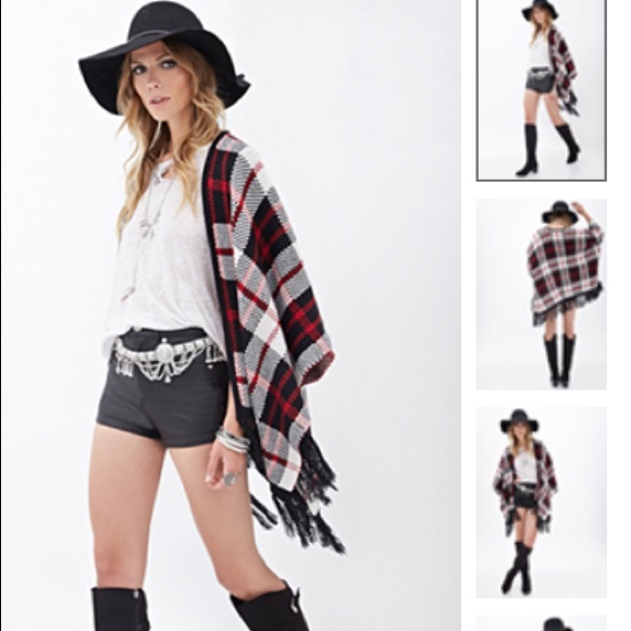Black + Red Plaid Think Knit Fringe Poncho - Picture 7 of 13